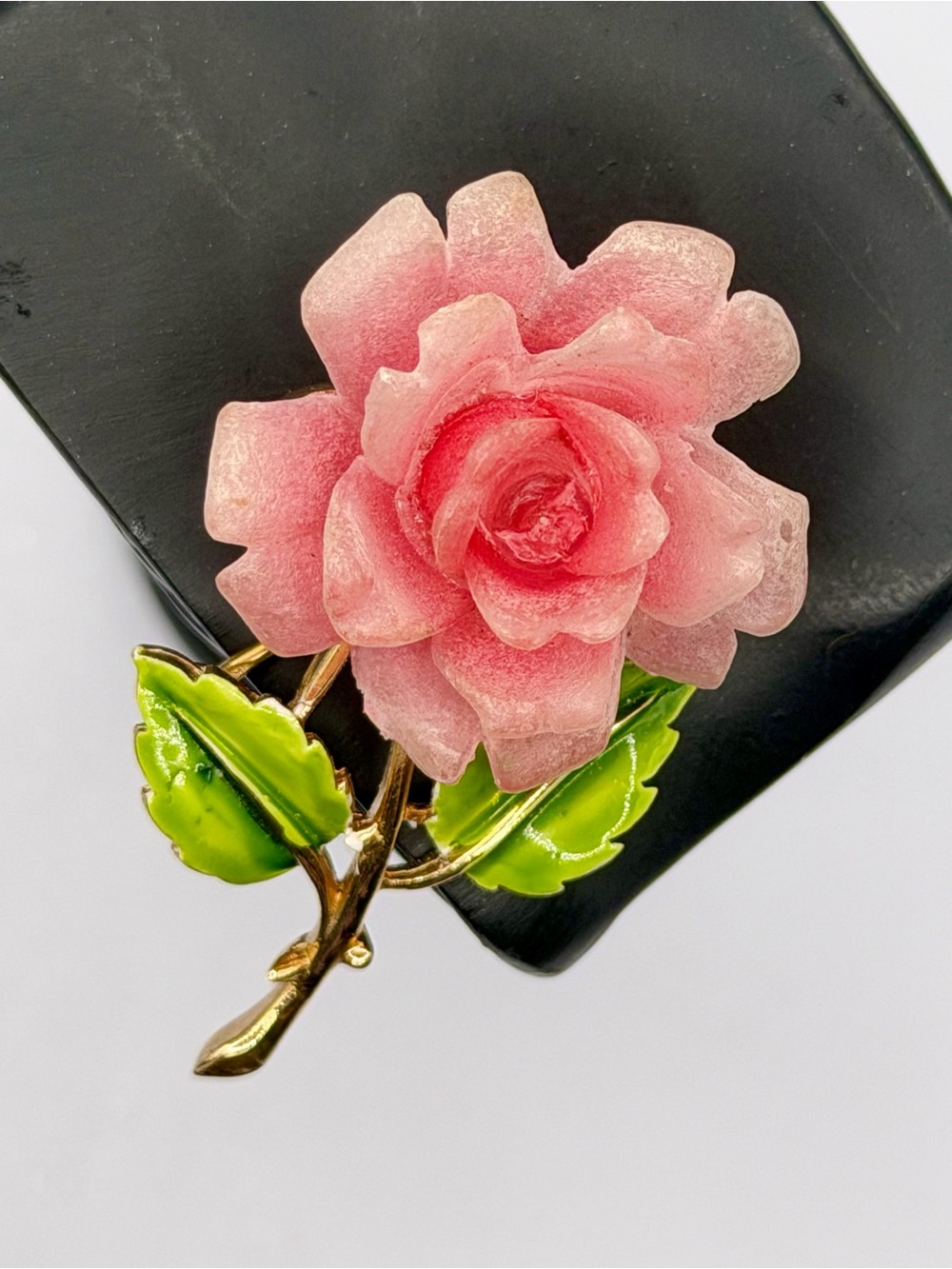 Vintage Crown Trifari Signed Pink Lucite Rose Brooch